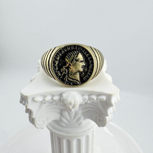 Vintage Coin Ring Roman  Gold Tone Men's Emperor Profile Signet Style Retro Bold - Picture 7 of 10